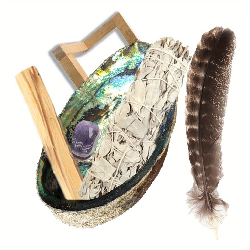 Complete Sage Smudge Kit - Authentic Crystals, Adjustable Crystal Bracelet, Handcrafted Natural Abalone Shell, Soft Smudge Feathers, Sturdy Stand - Thoughtful Gift Set, Unique Home Decor, Versatile Party Decor for Spiritual G