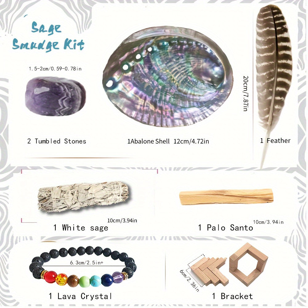 Complete Sage Smudge Kit - Authentic Crystals, Adjustable Crystal Bracelet, Handcrafted Natural Abalone Shell, Soft Smudge Feathers, Sturdy Stand - Thoughtful Gift Set, Unique Home Decor, Versatile Party Decor for Spiritual G