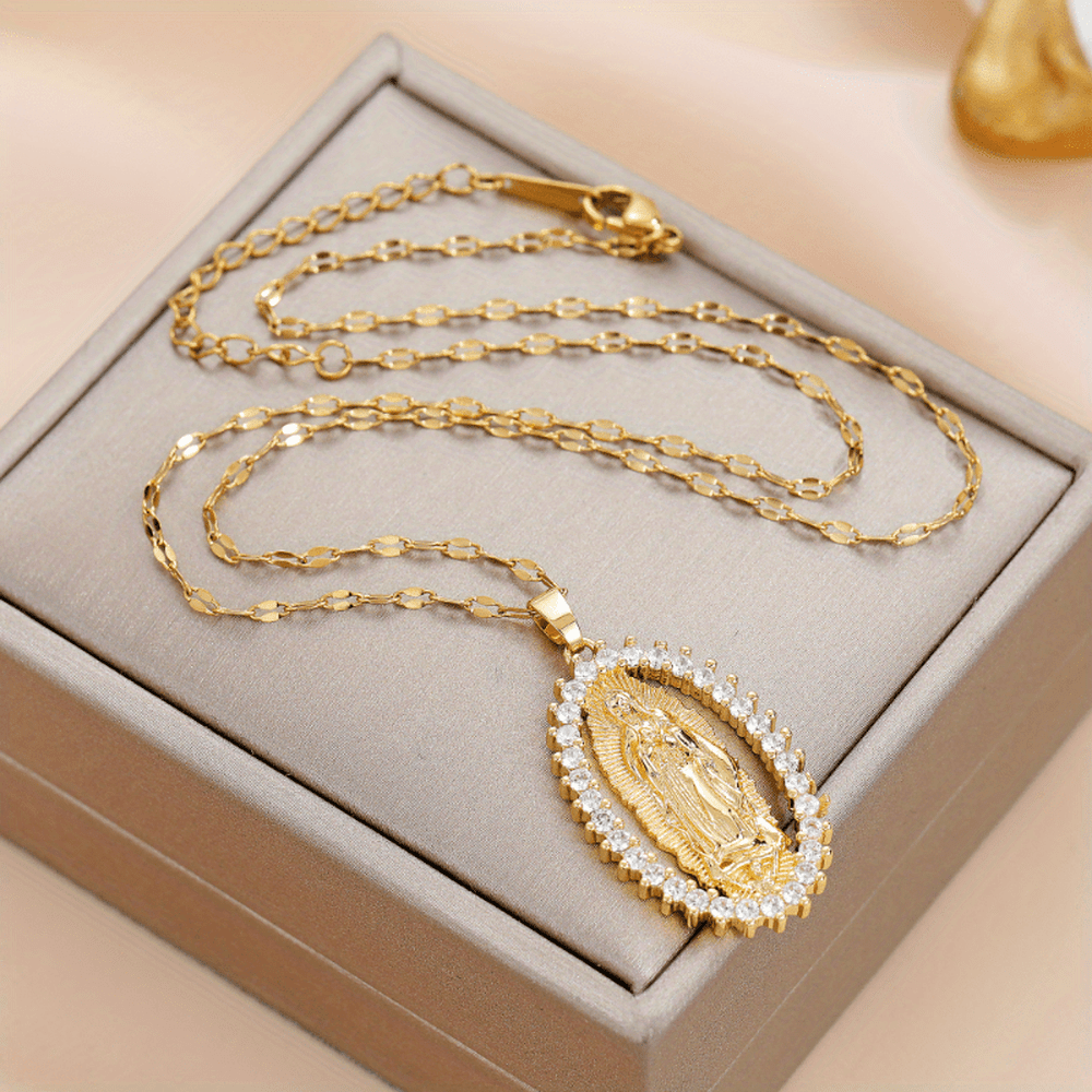 Virgin Mary Alloy Pendant Necklace with Rhinestone Accents - Spiritual Jewelry for Events and Parties