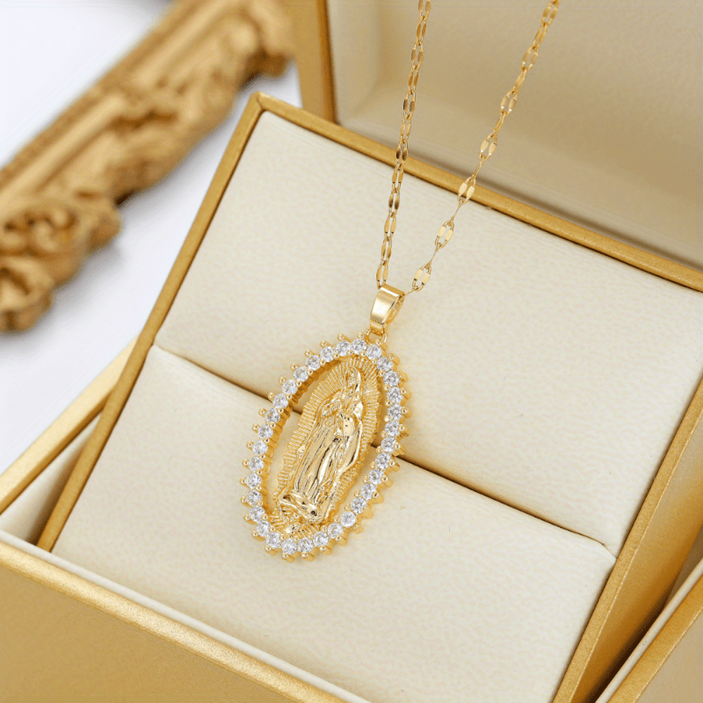 Virgin Mary Alloy Pendant Necklace with Rhinestone Accents - Spiritual Jewelry for Events and Parties
