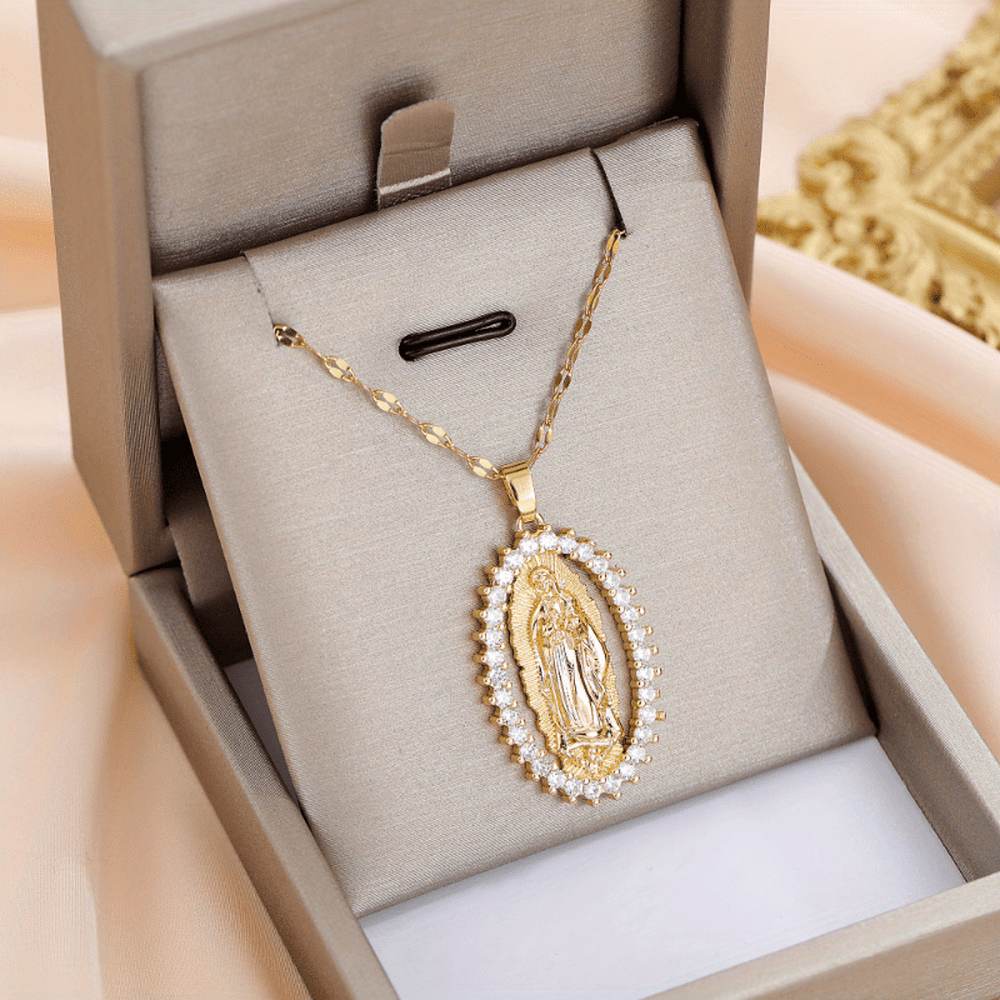 Virgin Mary Alloy Pendant Necklace with Rhinestone Accents - Spiritual Jewelry for Events and Parties