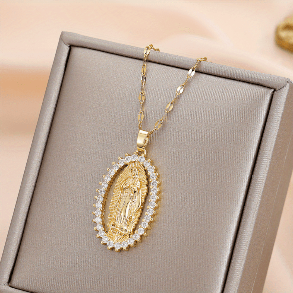 Virgin Mary Alloy Pendant Necklace with Rhinestone Accents - Spiritual Jewelry for Events and Parties