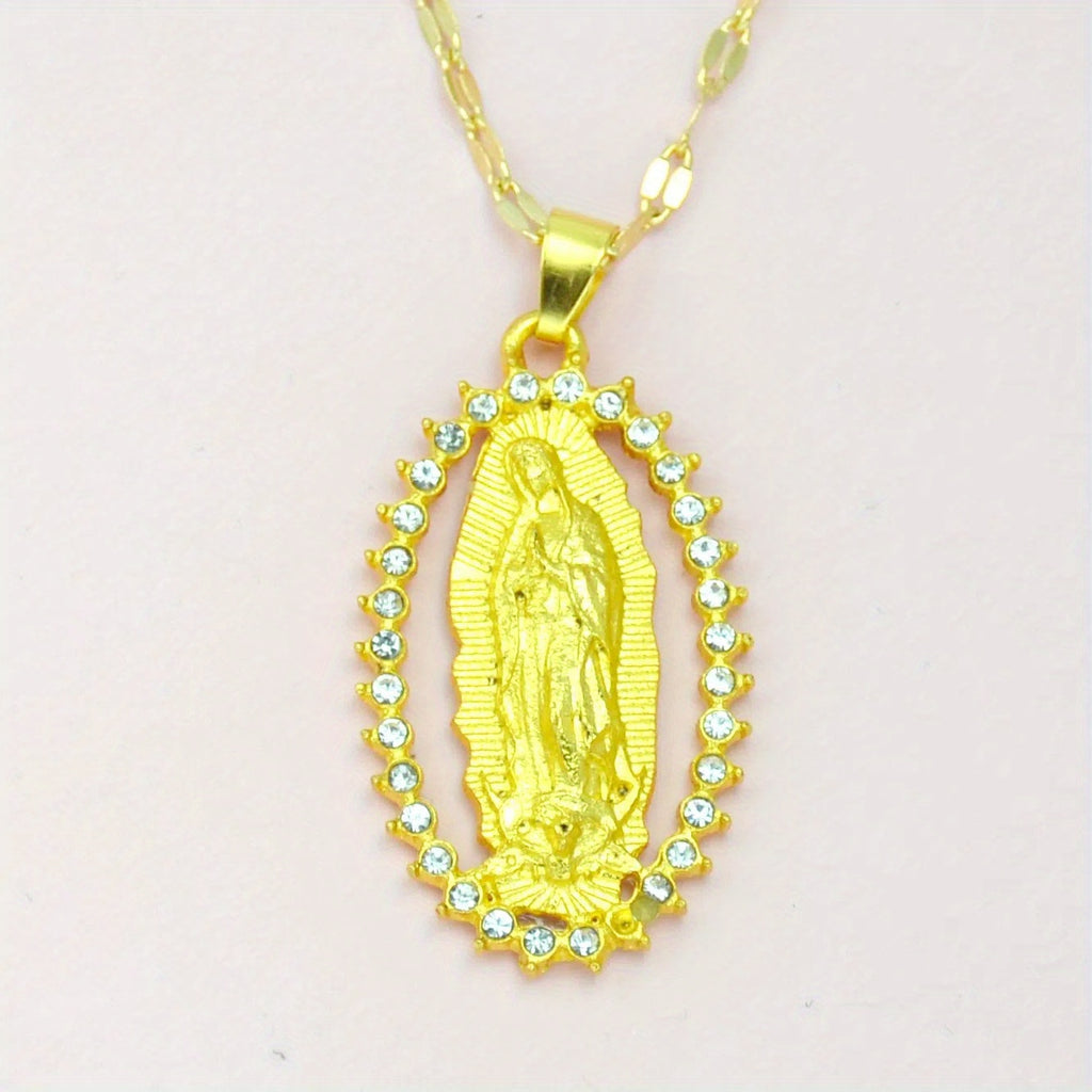 Virgin Mary Alloy Pendant Necklace with Rhinestone Accents - Spiritual Jewelry for Events and Parties