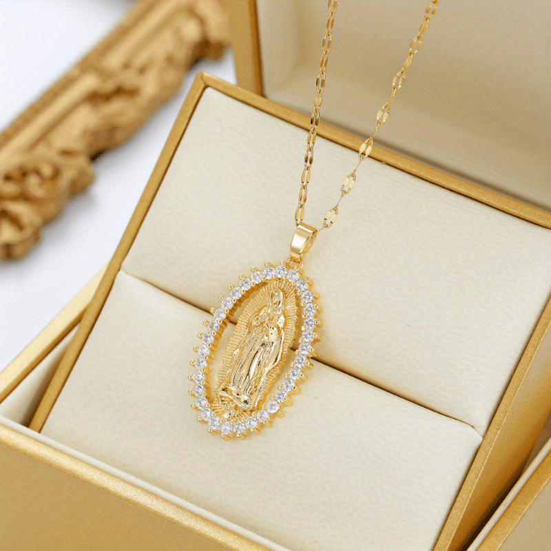 Virgin Mary Alloy Pendant Necklace with Rhinestone Accents - Spiritual Jewelry for Events and Parties