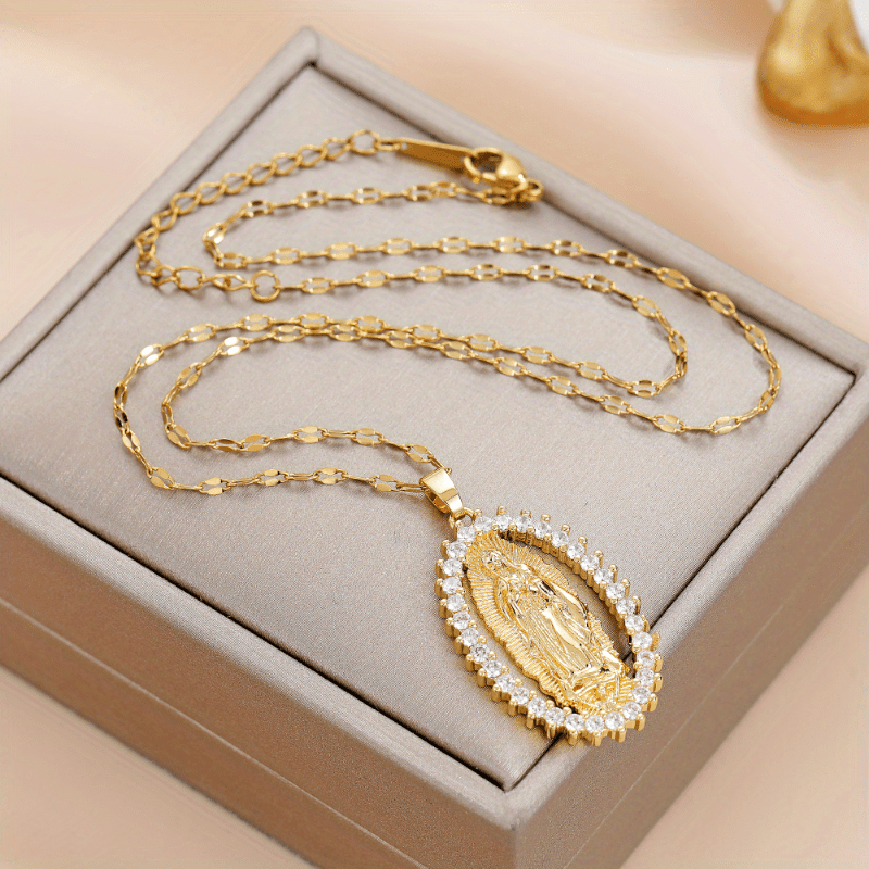 Virgin Mary Alloy Pendant Necklace with Rhinestone Accents - Spiritual Jewelry for Events and Parties