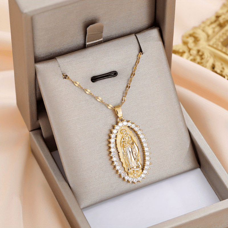 Virgin Mary Alloy Pendant Necklace with Rhinestone Accents - Spiritual Jewelry for Events and Parties