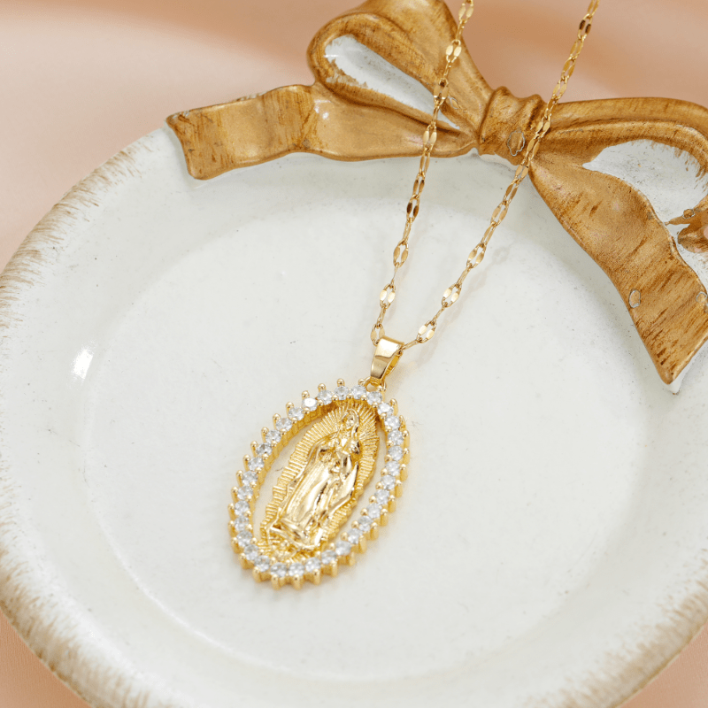 Virgin Mary Alloy Pendant Necklace with Rhinestone Accents - Spiritual Jewelry for Events and Parties