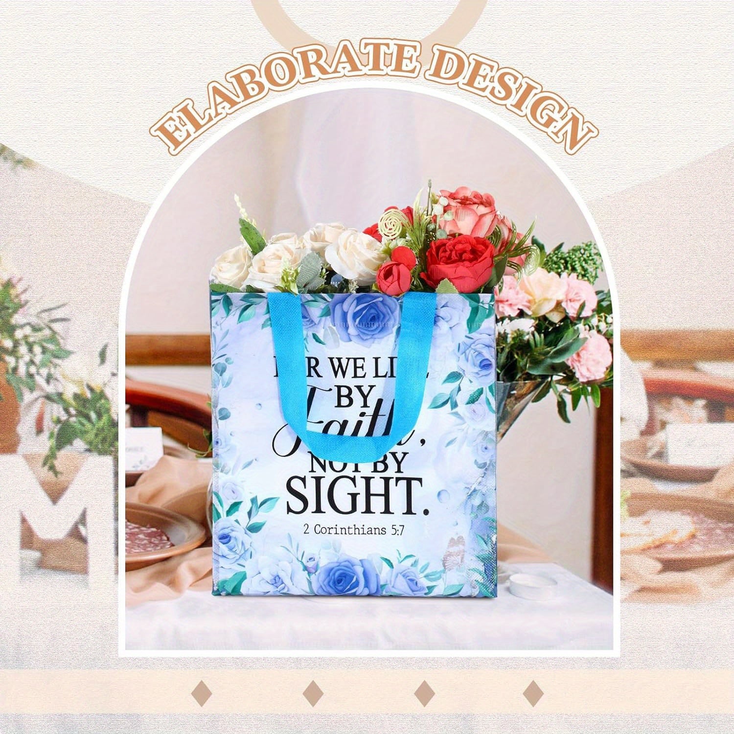 32 Pcs Bible Verse Flower Gift Bag with Handles Religious Reusable Gift Bags Bulk Christian Baptism Tote Bags Non Woven Gift Bags for Women Wedding Birthday Gift Wrapping Bags