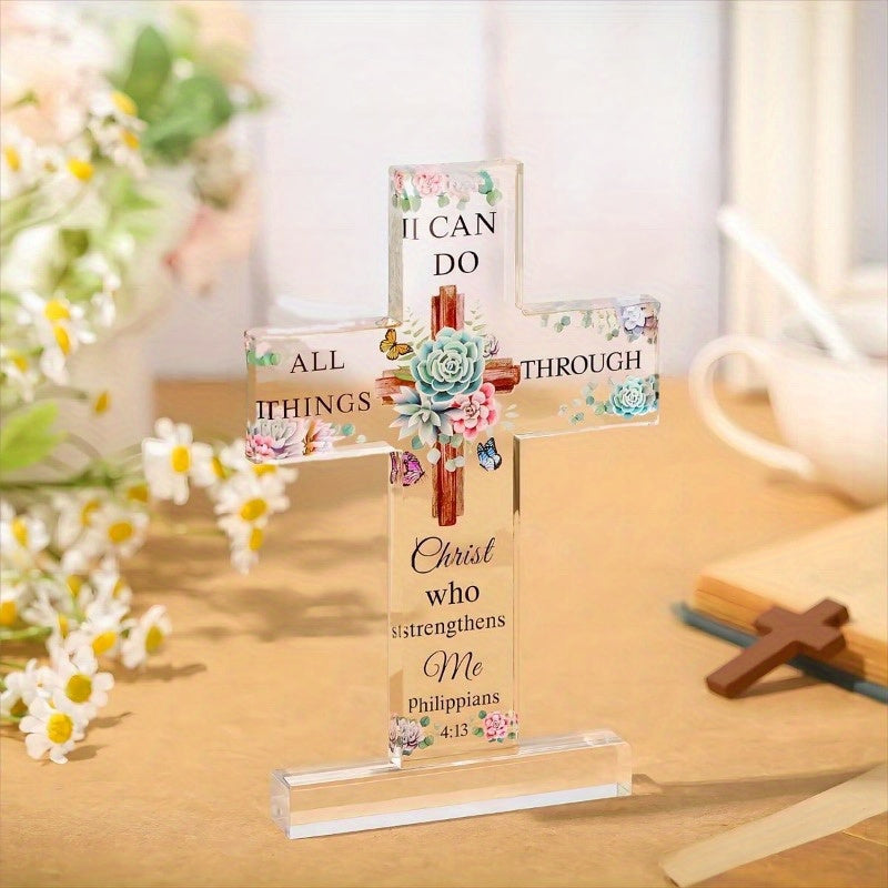 Inspirational Acrylic Christian Standing Cross - Beautiful Style with Bible Verse and Prayers - Sunflower Religious Scripture Gifts for Women, Men, Friends, Mom, Wife, Sister, Colleague