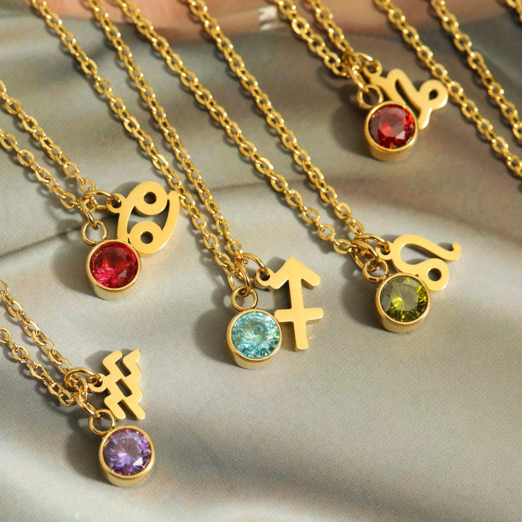 Classic 12 zodiac signs three-dimensional rune necklace zirconia birthstone zodiac stone ladies girl jewellery gift