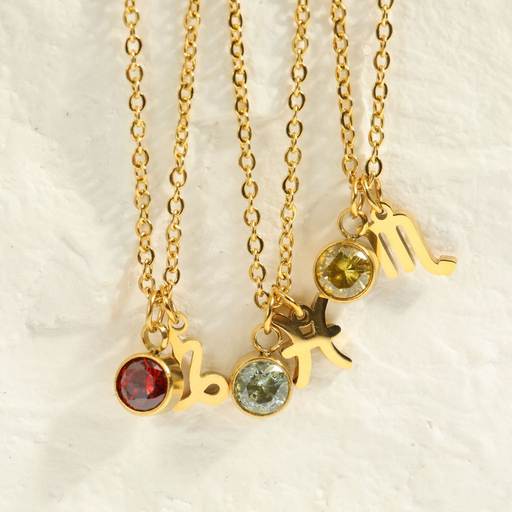 Classic 12 zodiac signs three-dimensional rune necklace zirconia birthstone zodiac stone ladies girl jewellery gift