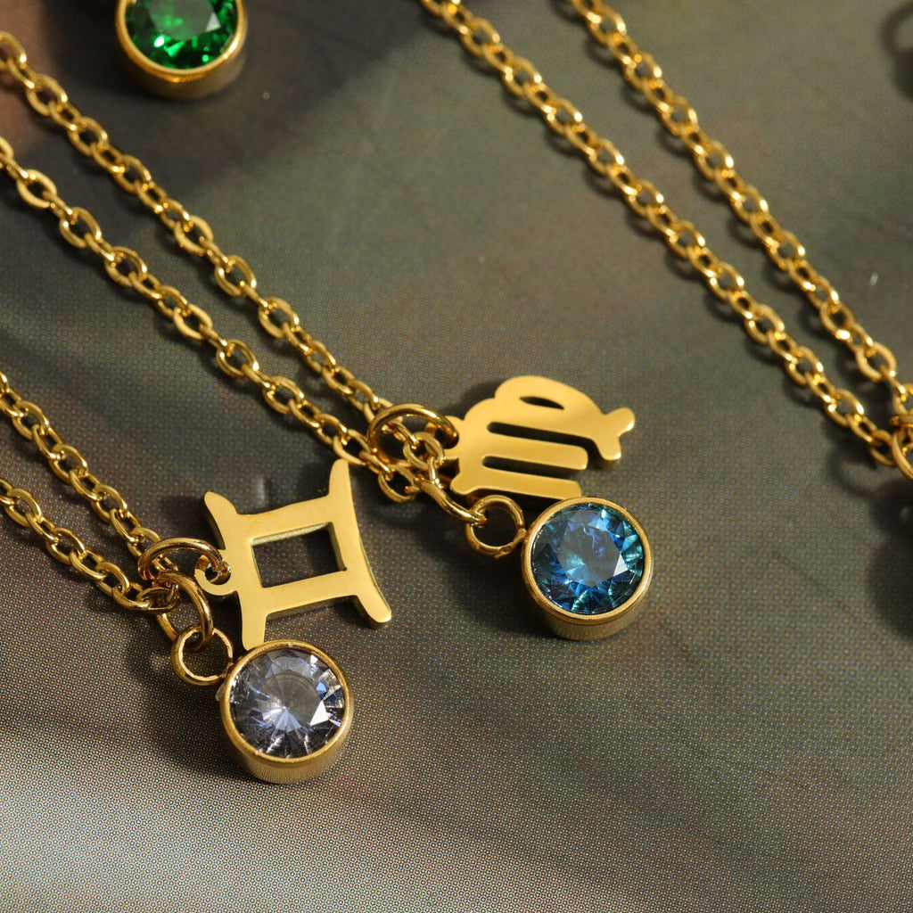Classic 12 zodiac signs three-dimensional rune necklace zirconia birthstone zodiac stone ladies girl jewellery gift