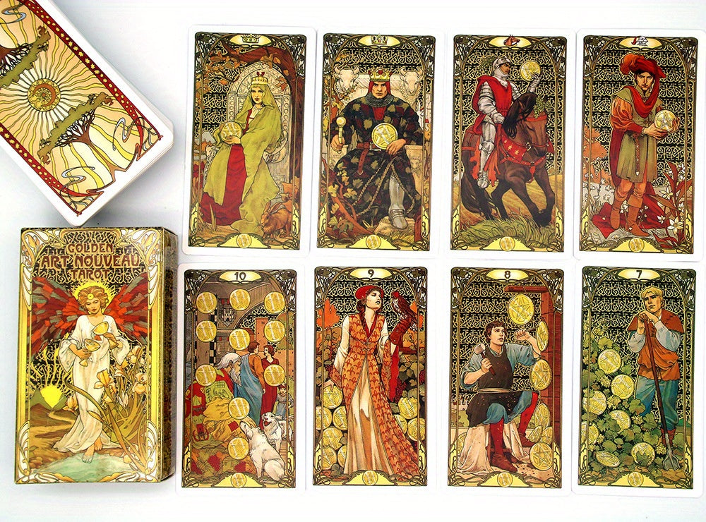 1Pc Golden Art Nouveau Tarot - Suitable for Beginners, Friends, Family Gatherings, Holiday Entertainment Card Game Props