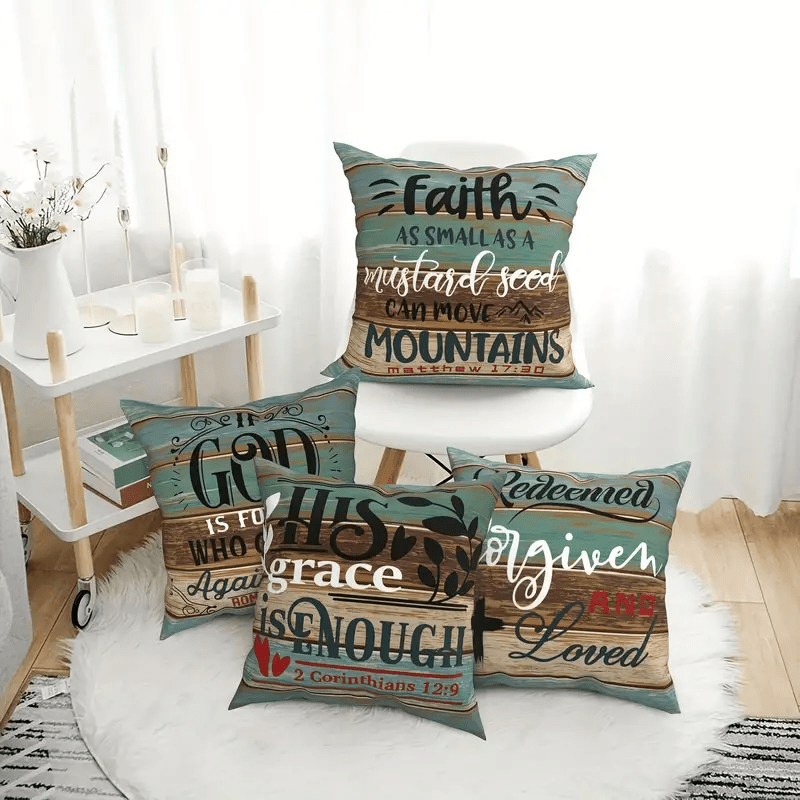 Set of 4 Decorative Throw Cushion Covers 18x18 - Christian Faith Inspirational Scripture Quotes, Woven Polyester, No Insert - For Sofa, Living Room, Bedroom, Office & Home Decor - Perfect Gift for Housewarming & Religious Cel