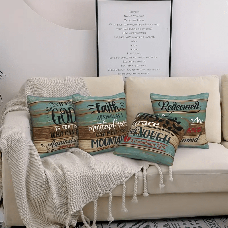Set of 4 Decorative Throw Cushion Covers 18x18 - Christian Faith Inspirational Scripture Quotes, Woven Polyester, No Insert - For Sofa, Living Room, Bedroom, Office & Home Decor - Perfect Gift for Housewarming & Religious Cel