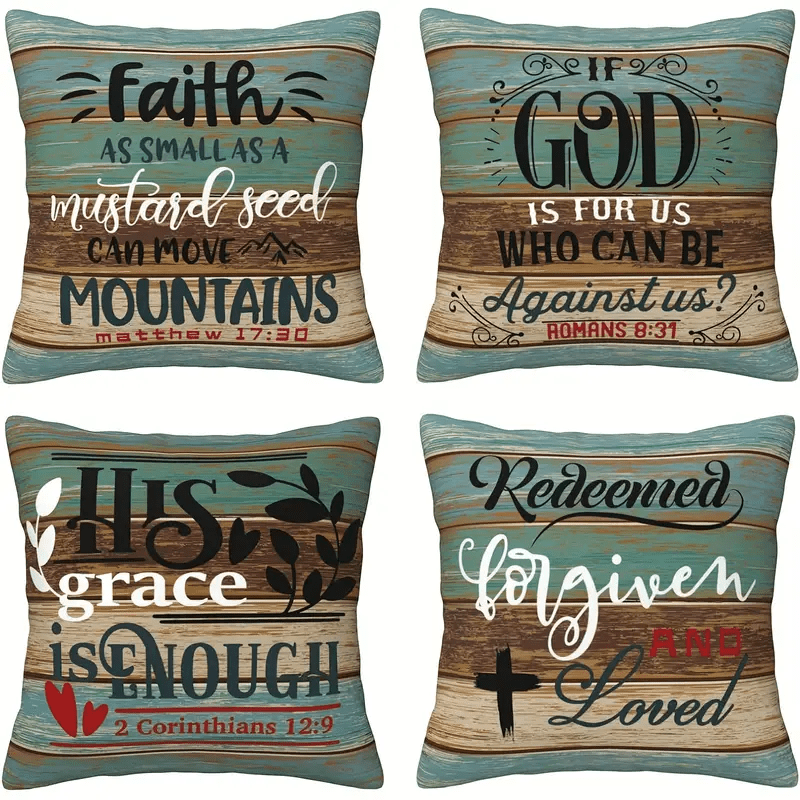 Set of 4 Decorative Throw Cushion Covers 18x18 - Christian Faith Inspirational Scripture Quotes, Woven Polyester, No Insert - For Sofa, Living Room, Bedroom, Office & Home Decor - Perfect Gift for Housewarming & Religious Cel