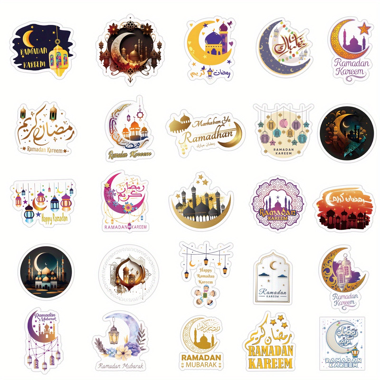 65pcs Islamic Vinyl Stickers - Waterproof, Single Use Decals for Laptop, Water Bottle, Phone, Skateboard, Luggage, Guitar - Muslim Decorations, Diverse Shapes, for Ages 14+