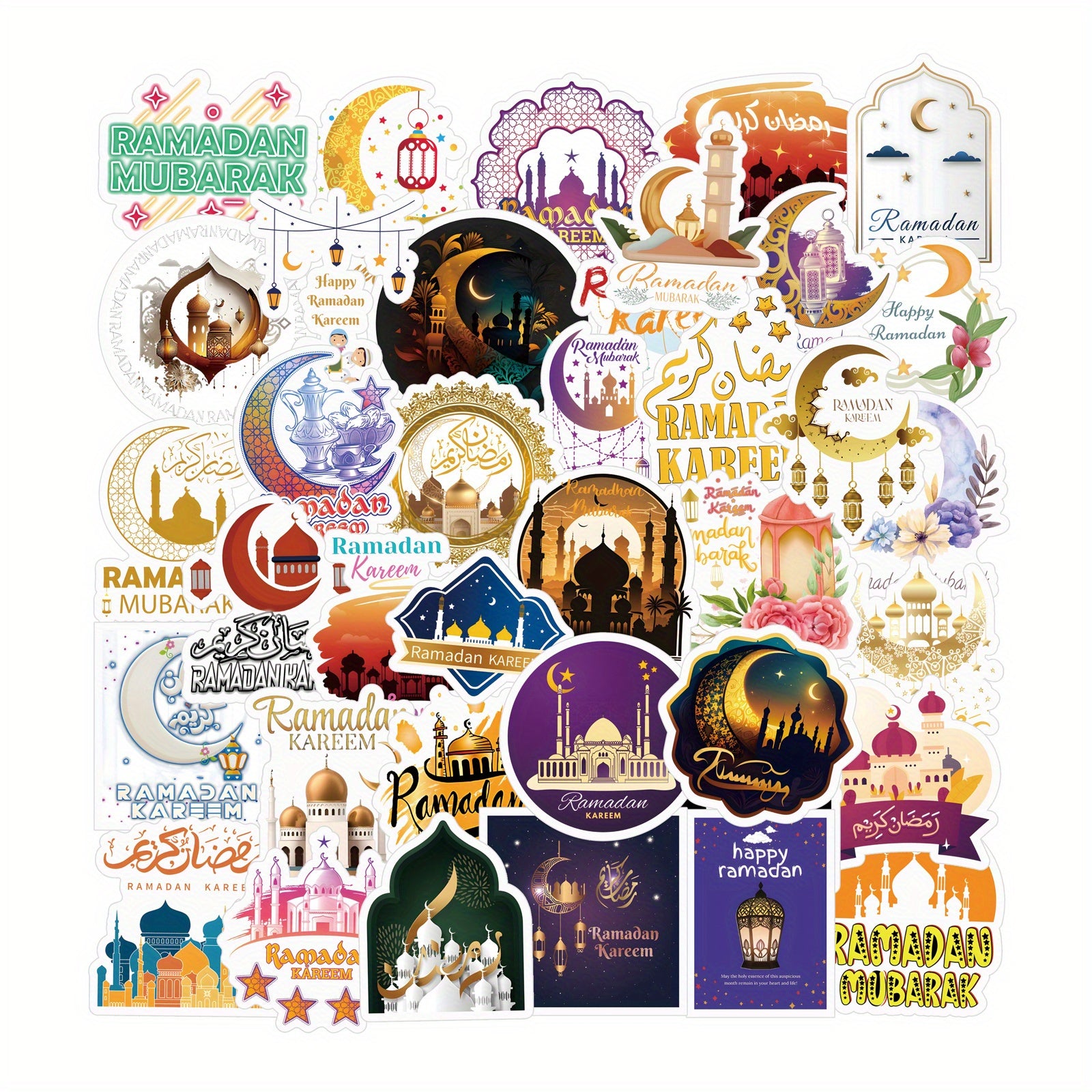 65pcs Islamic Vinyl Stickers - Waterproof, Single Use Decals for Laptop, Water Bottle, Phone, Skateboard, Luggage, Guitar - Muslim Decorations, Diverse Shapes, for Ages 14+