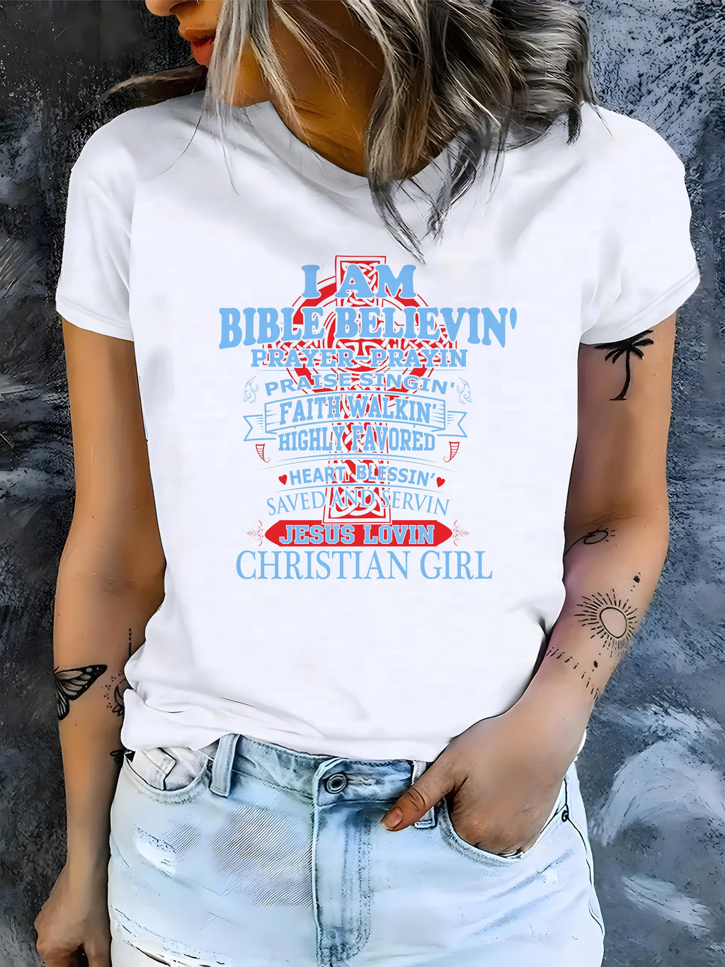 Women's Casual Short Sleeve T-Shirt with Geometric Pattern - Polyester Knit Fabric, Round Neck, All-Season Comfort, Bible Believin' Christian Girl Design