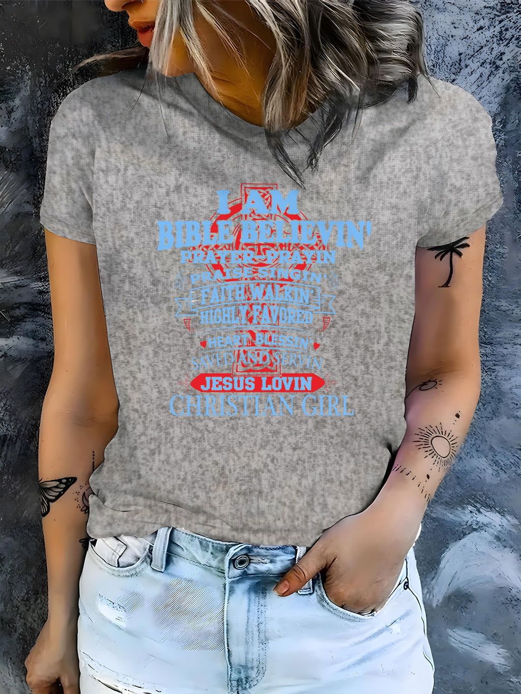 Women's Casual Short Sleeve T-Shirt with Geometric Pattern - Polyester Knit Fabric, Round Neck, All-Season Comfort, Bible Believin' Christian Girl Design