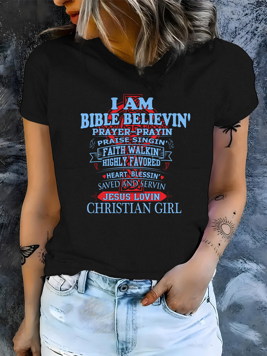 Women's Casual Short Sleeve T-Shirt with Geometric Pattern - Polyester Knit Fabric, Round Neck, All-Season Comfort, Bible Believin' Christian Girl Design
