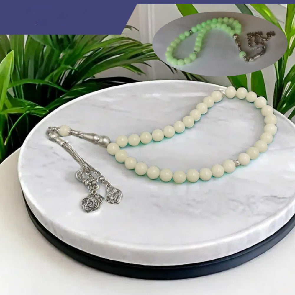 Glow-in-the-Dark Muslim Prayer Beads - 33 Natural Stone Tasbih, Arabian Fashion Y-Necklace for Ramadan, Spiritual Daily Wear, No Electricity Required, Ideal for Festival Celebrations & Gifts