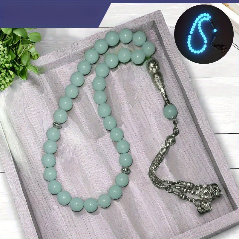 Glow-in-the-Dark Muslim Prayer Beads - 33 Natural Stone Tasbih, Arabian Fashion Y-Necklace for Ramadan, Spiritual Daily Wear, No Electricity Required, Ideal for Festival Celebrations & Gifts