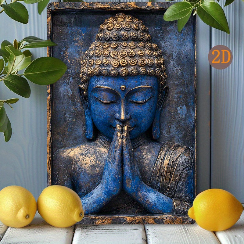 Vintage Aluminum Buddha Statue Sign: 8X12 Inch (20X30Cm) Blue Prayer Hands Decoration for Yacht, Living Room, Or Gym - Pre-Drilled, Weather Resistant, HD Printing