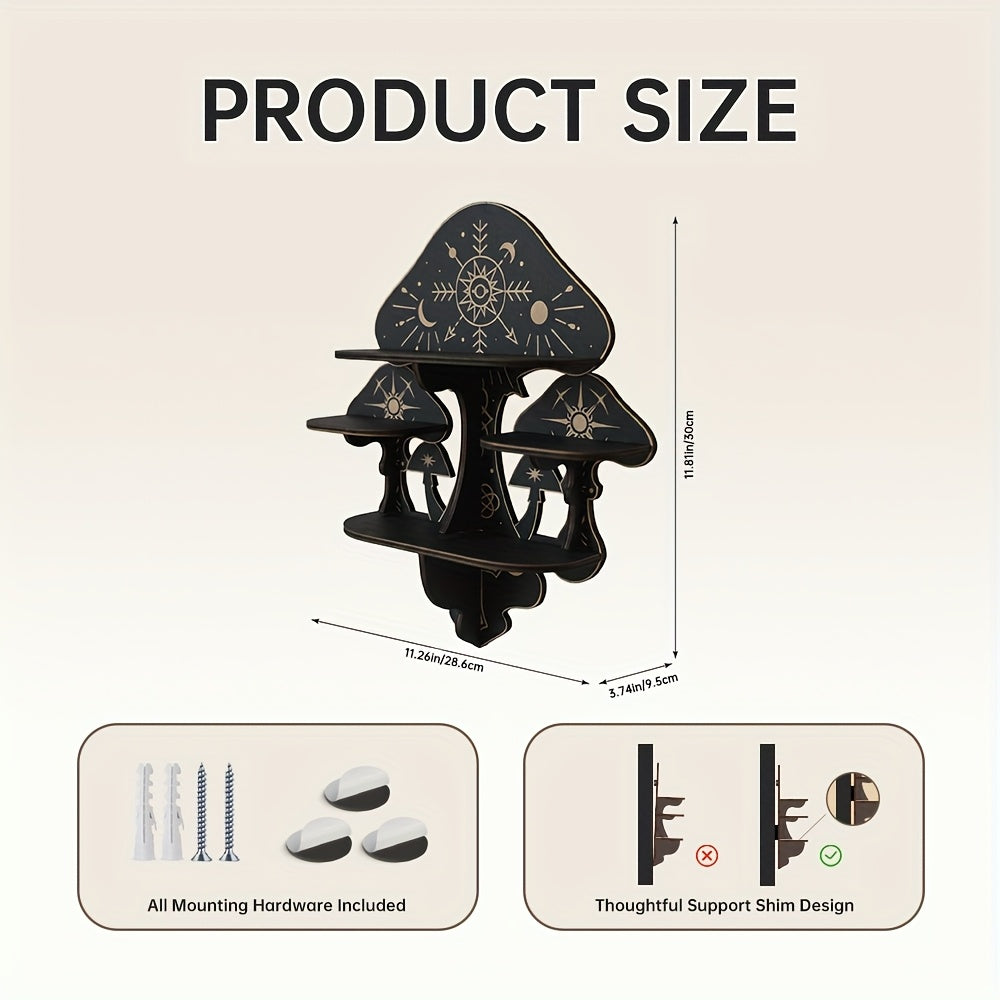 Wooden Mushroom Floating Shelves, Crystal Display Shelf for Wall, Wiccan Incantation Mushroom Wall Decor,  Gem Stone Storage Organizer, Essential Oil Holder Hanging Case, Meditation Art Spiritual Gift