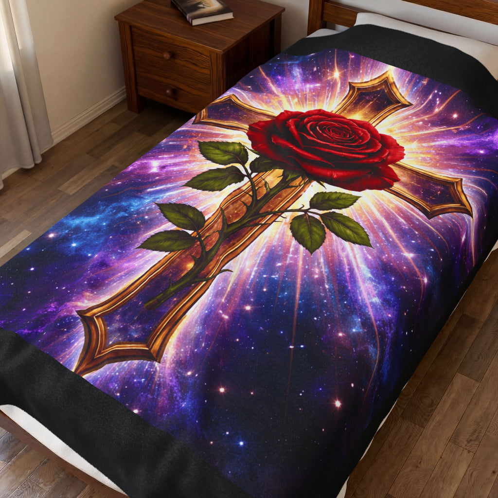 Velveteen Plush Blanket — Cosmic Rose & Cross Rosicrucian Spiritual Throw (Sacred Christian Decor)
