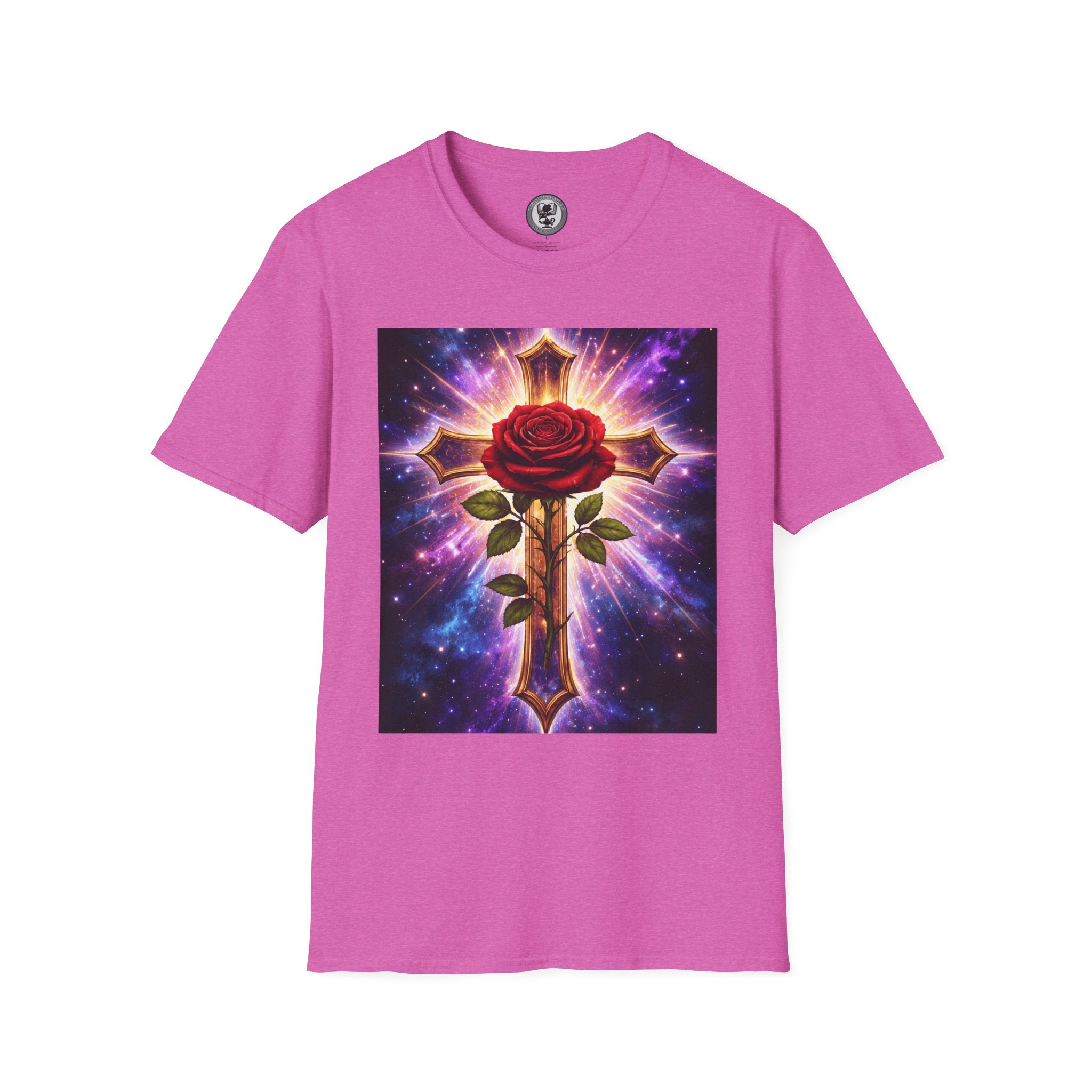 Cosmic Rose Cross T-Shirt — Rosicrucian Spiritual Floral Cross Graphic Tee