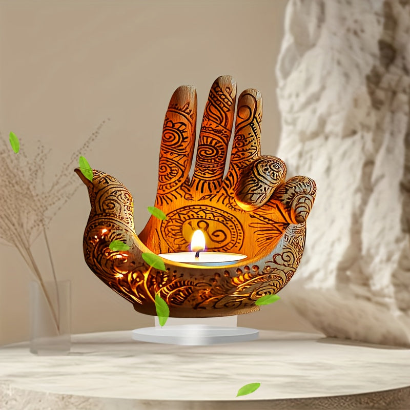 2D Flat A 2D Acrylic Ornament Featuring a Bohemian Style Acrylic Buddha Hand Candle, Measuring 9 Inches by 9 Inches. This Religious-Themed Tabletop Decoration Is Perfect for Home, Office, Or Café Decor, Making It a Wonderful