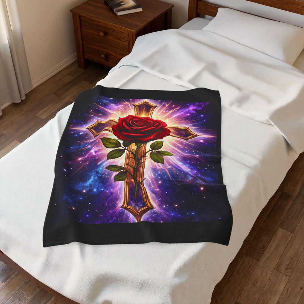 Velveteen Plush Blanket — Cosmic Rose & Cross Rosicrucian Spiritual Throw (Sacred Christian Decor)