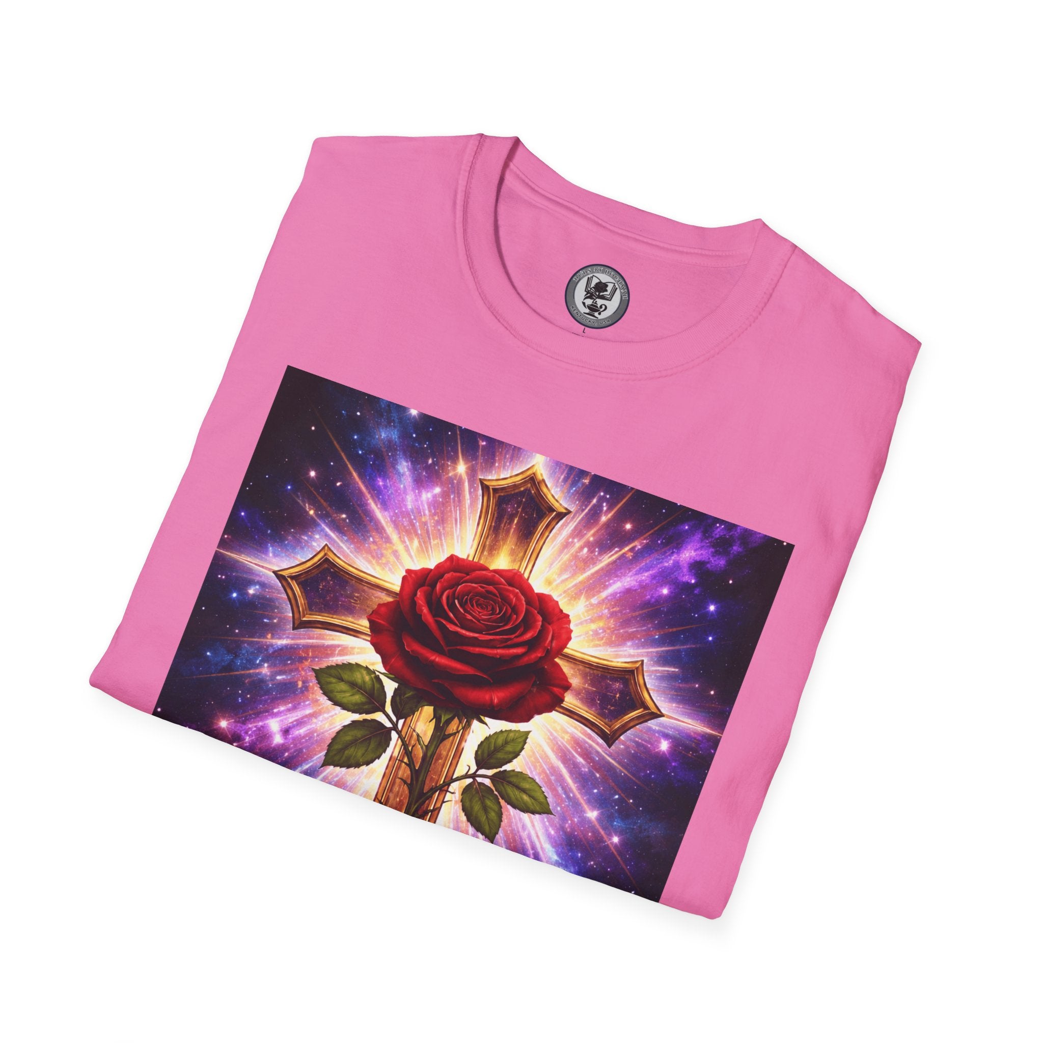 Cosmic Rose Cross T-Shirt — Rosicrucian Spiritual Floral Cross Graphic Tee