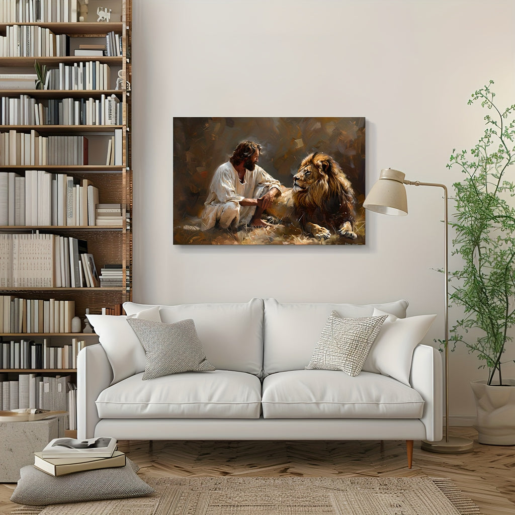 1pc Framed Lion and Jesus Canvas Wall Decor Striking Lion of Judah Poster with Savior Inspirational Christian Art for Office Church and Home Ready to Hang