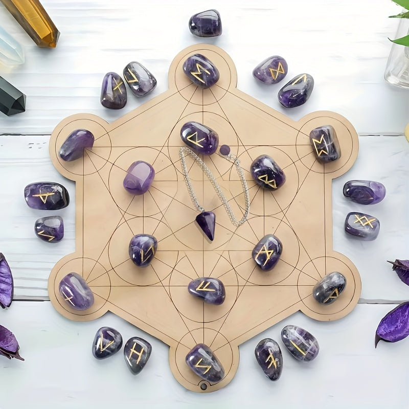 A Set of Crystal Agate Runes Featuring Viking Designs, with Intricately Carved Letters. This Collection Includes 25pcs of Futhark Rune Stones Made from Polished Gems