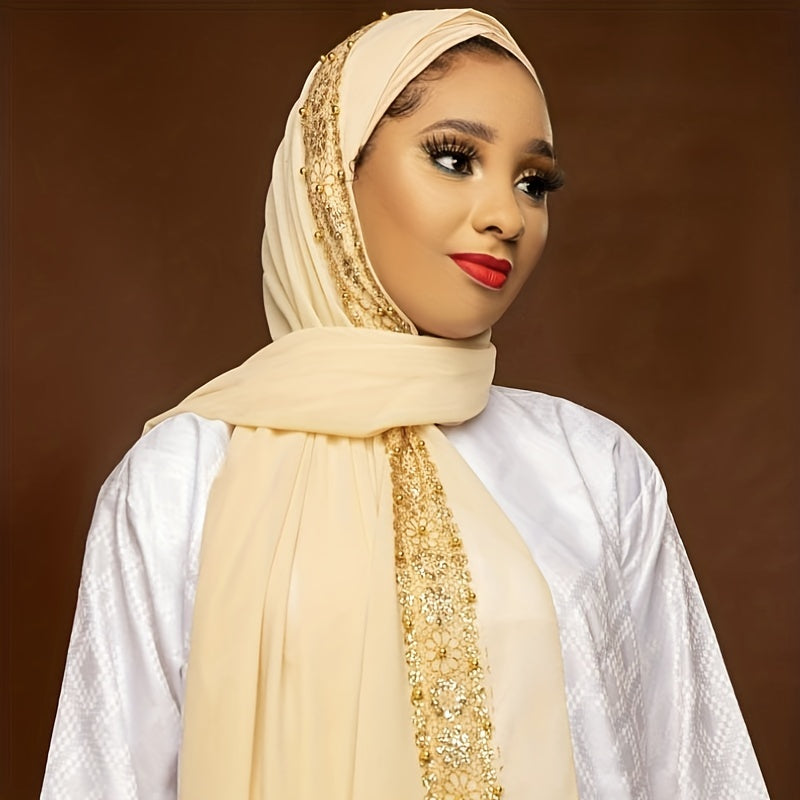 Summer Chiffon Women's Headscarf with Beaded Fringe, Muslim Hijab Long Scarf, Fashion Scarf