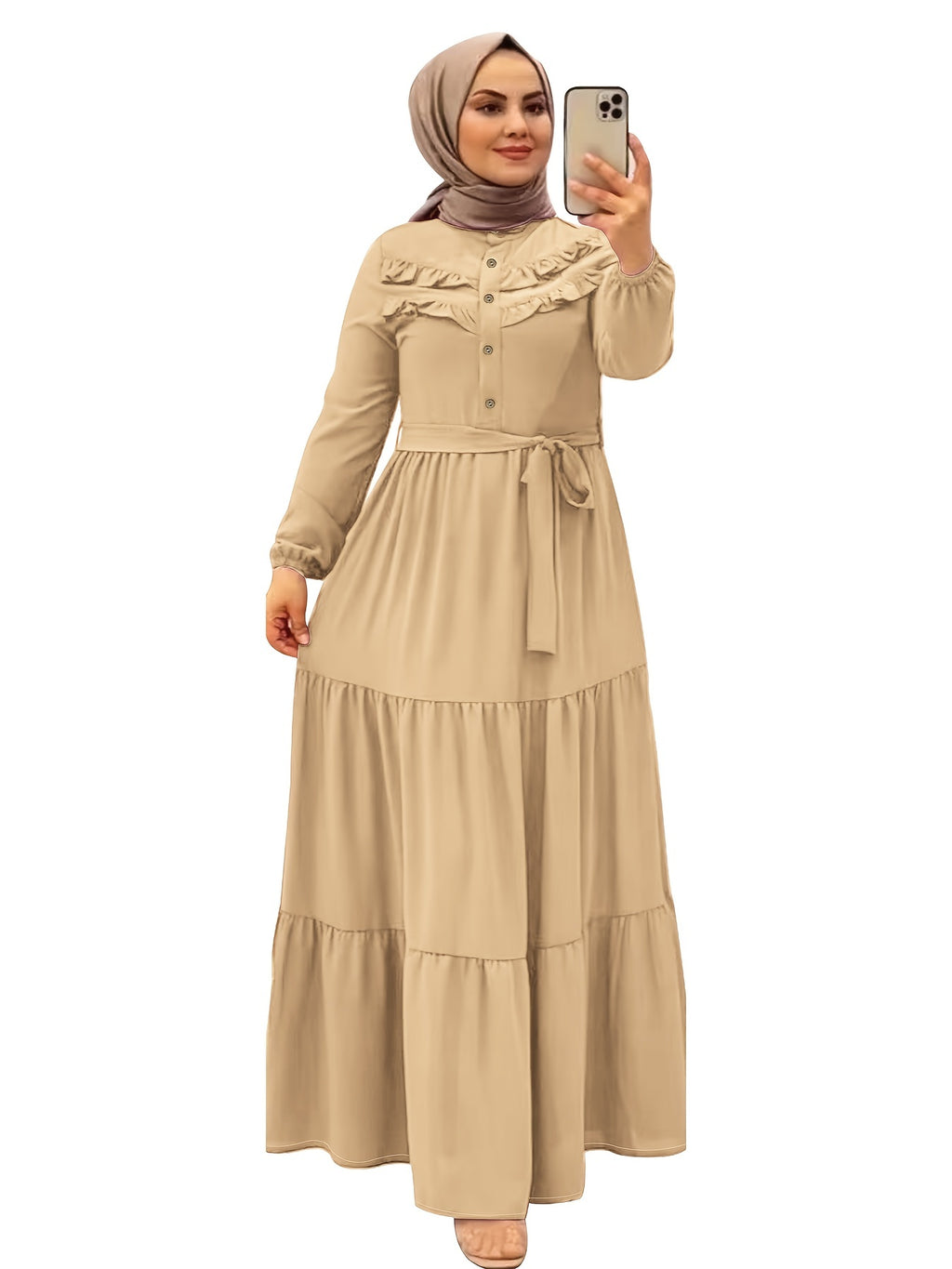 Elegant Light Green Maxi Dress for Muslim Women - Casual Solid Color with Ruffle Hem & Button Detail, Polyester Blend, Machine Washable - Hijab Not Included