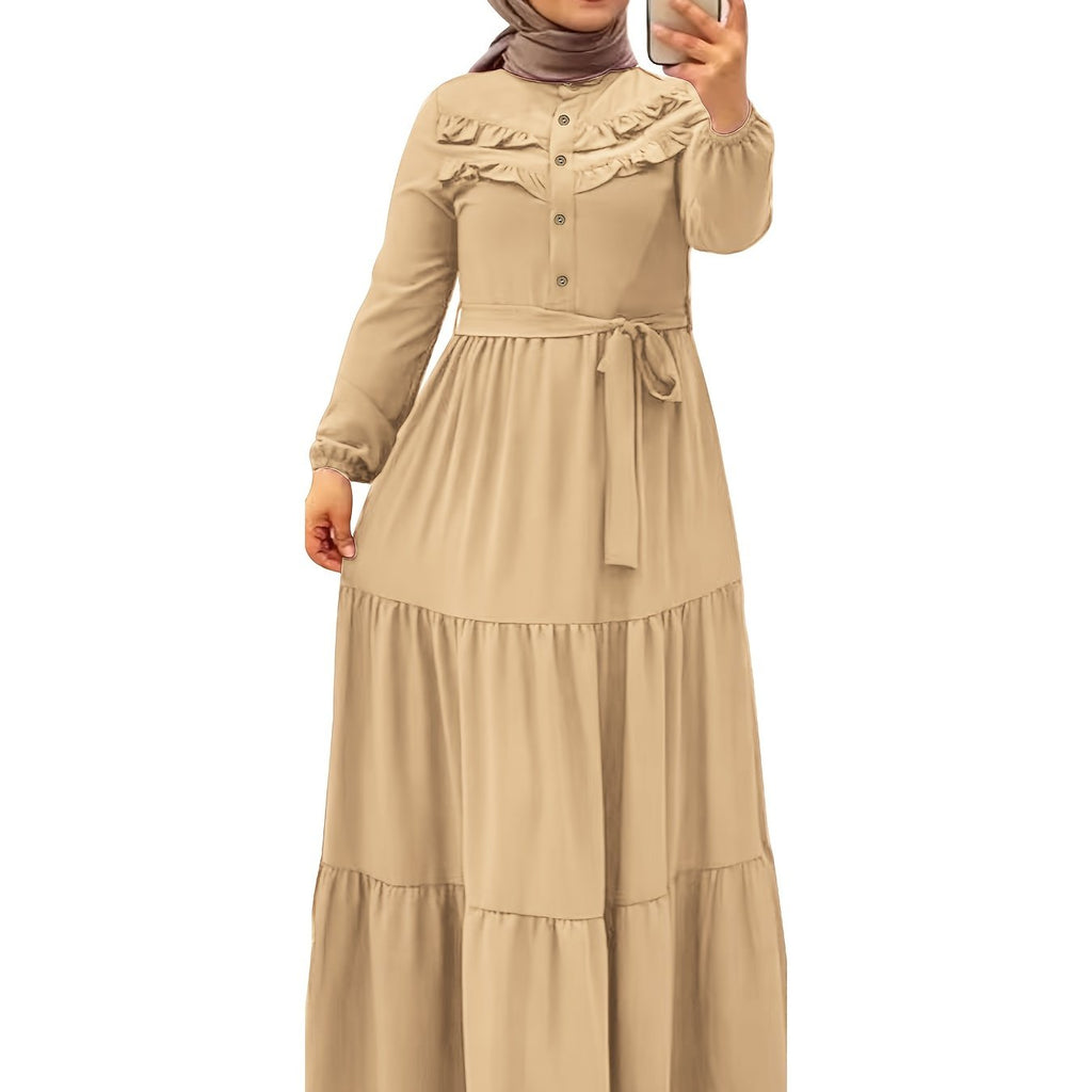 Elegant Light Green Maxi Dress for Muslim Women - Casual Solid Color with Ruffle Hem & Button Detail, Polyester Blend, Machine Washable - Hijab Not Included