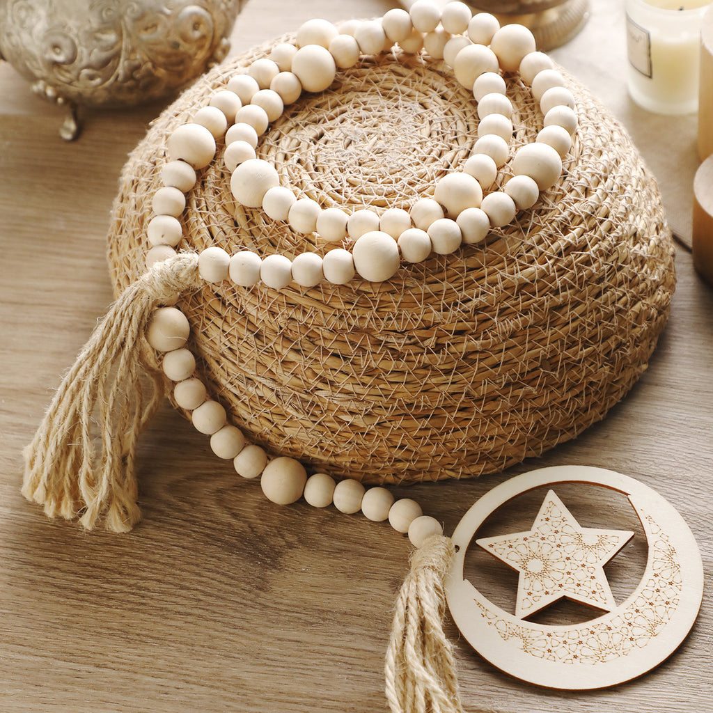 1pc Ramadan Wooden Beads Wall Hanging, Islamic Crescent Moon & Lantern Decor, Eid Al-Fitr Mubarak Muslim Ornament, No Electricity Festive Party Decoration, Ideal Gift for Ramadan Celebrations