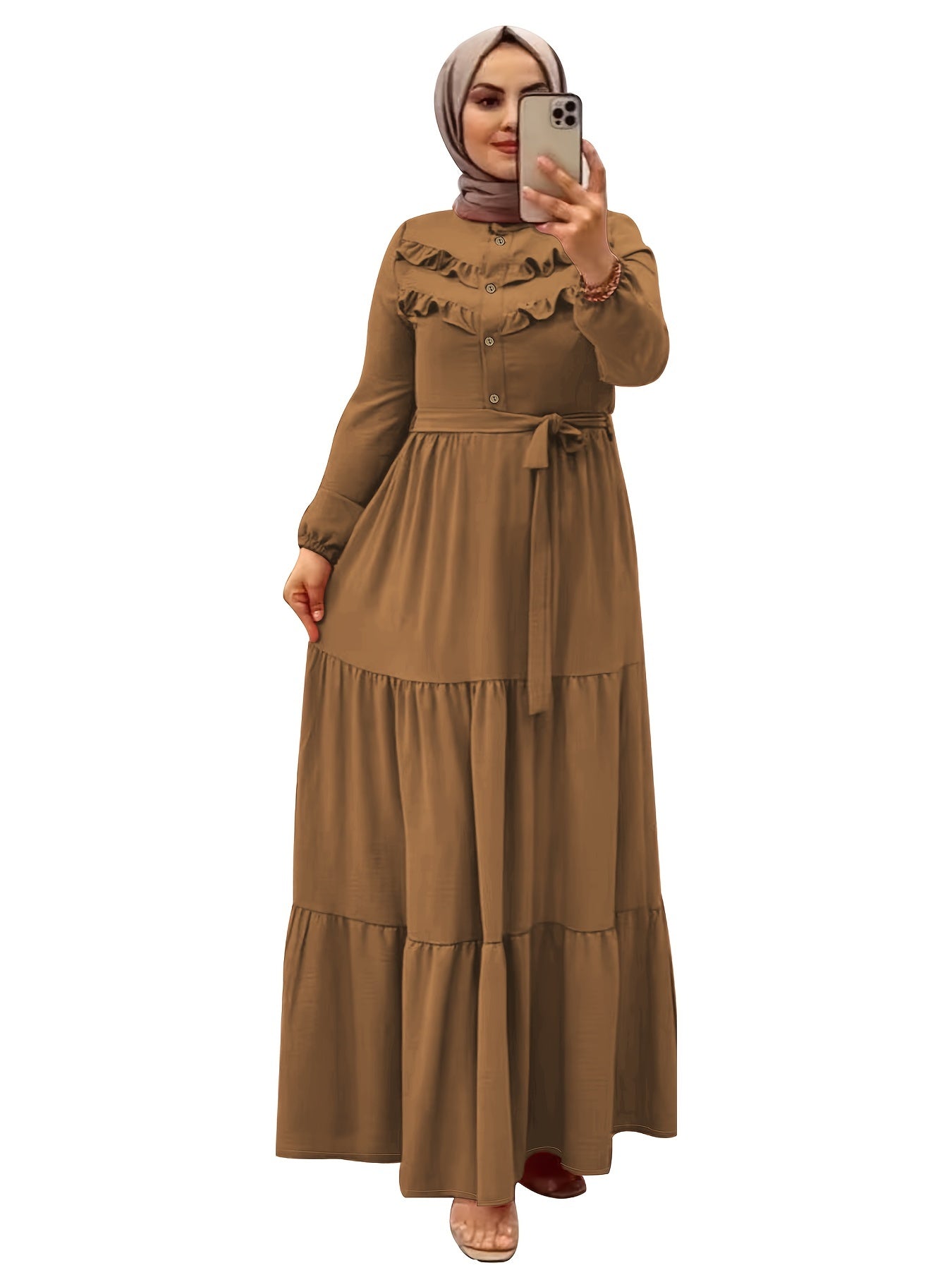 Elegant Light Green Maxi Dress for Muslim Women - Casual Solid Color with Ruffle Hem & Button Detail, Polyester Blend, Machine Washable - Hijab Not Included