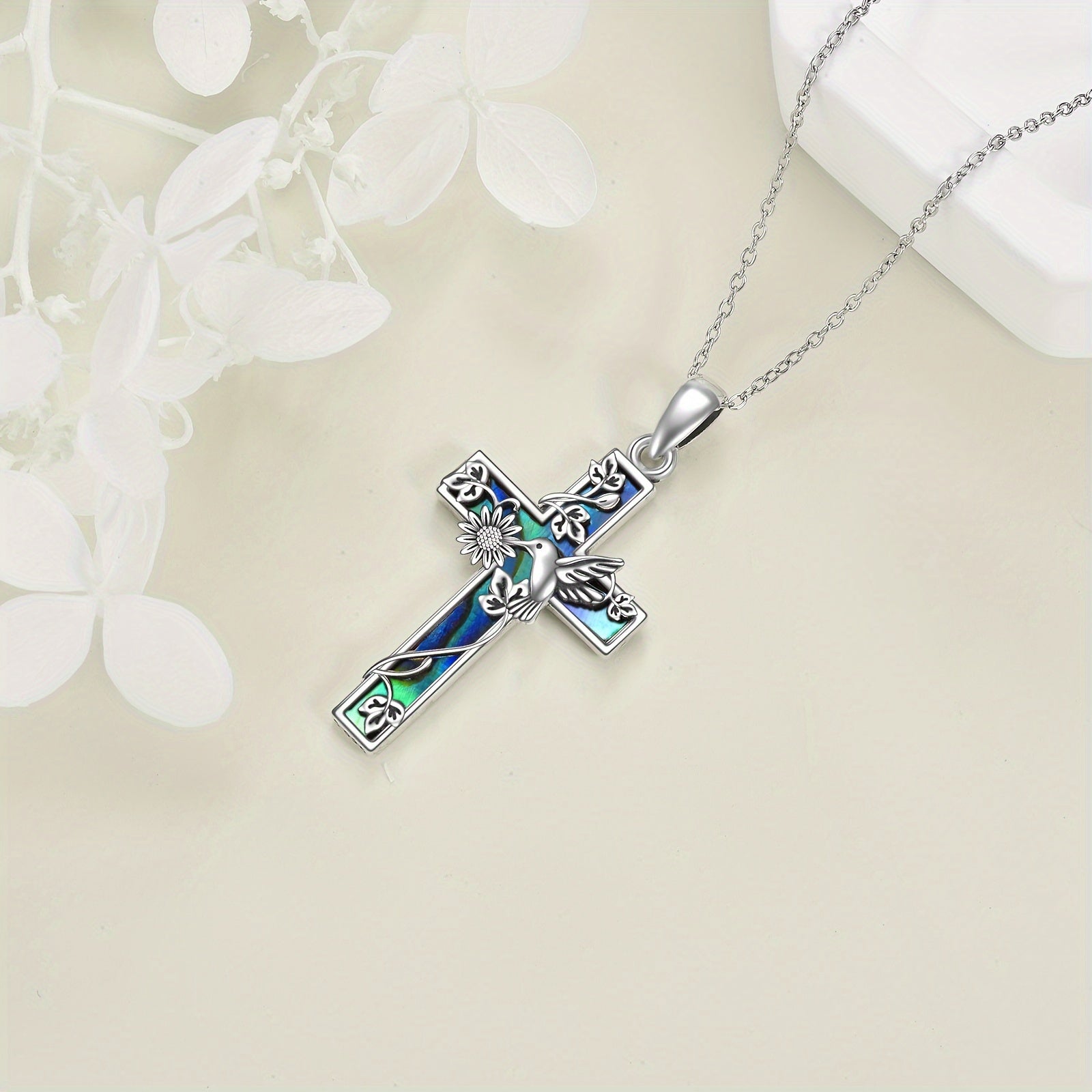 YFN Sunflower Cross Necklace Sterling Silver Hummingbird Cross Pendant Abalone Shell Jewelry Religious Christian Baptism Gifts for Her Women