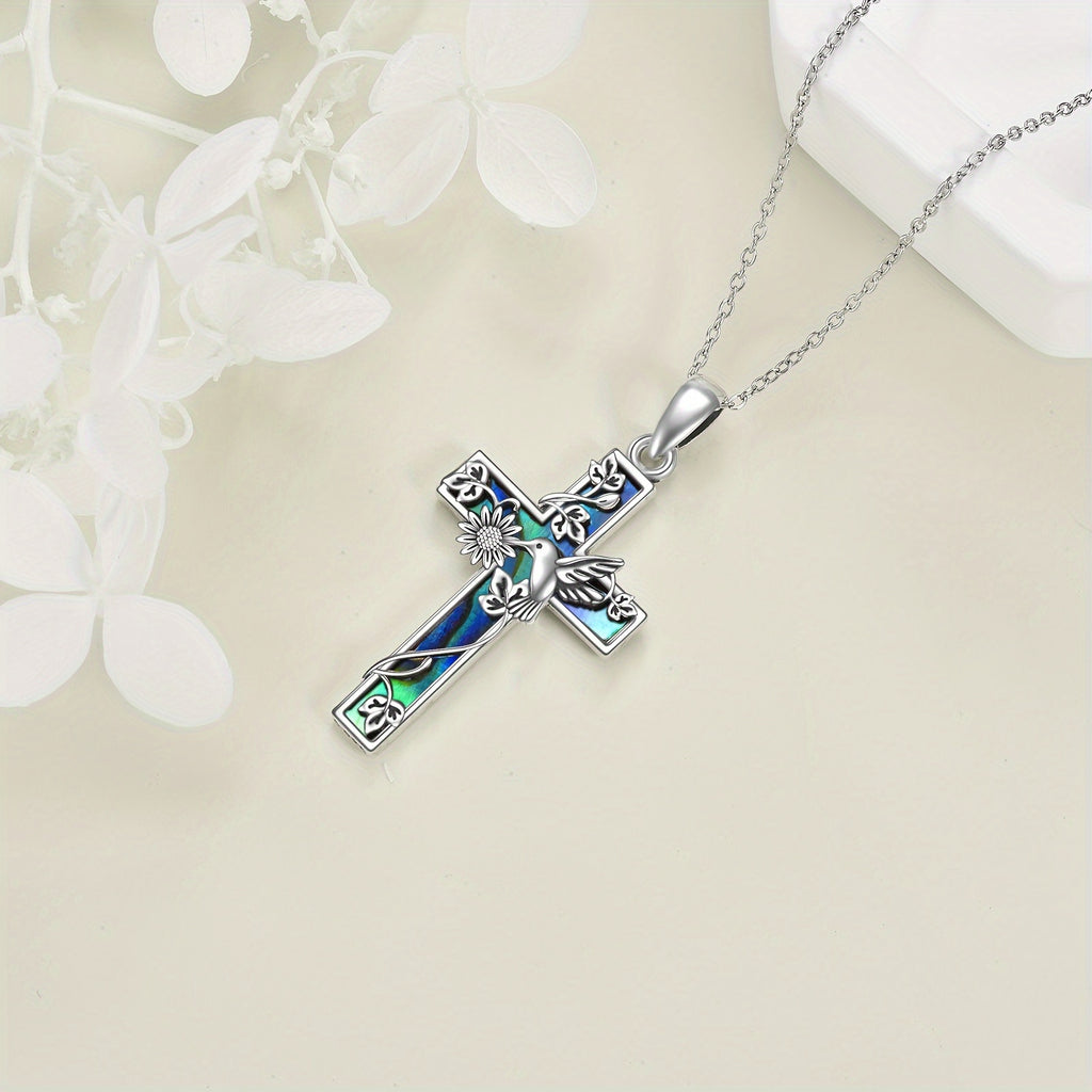 YFN Sunflower Cross Necklace Sterling Silver Hummingbird Cross Pendant Abalone Shell Jewelry Religious Christian Baptism Gifts for Her Women