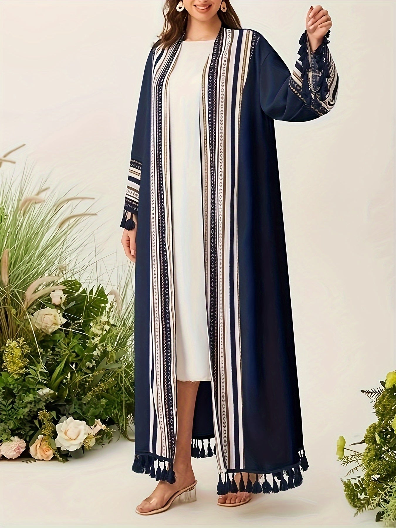 [Open Front Tribal Kaftan Cover] Tribal Pattern Open Front Kaftan Cover Up, Elegant Tassel Hem Long Sleeve Maxi Length Muslim Cover Up, Women's Clothing