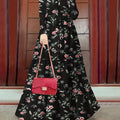 2023 New Women's Elegant Middle Eastern Abaya - Black Floral Print with Red Flowers, Long Sleeve Lace-Up Modest Dress, Machine Washable for Spring Summer Fall, Abaya Dress Fancy, Comfortable Modestwear, No Stretch Fabric, Mus