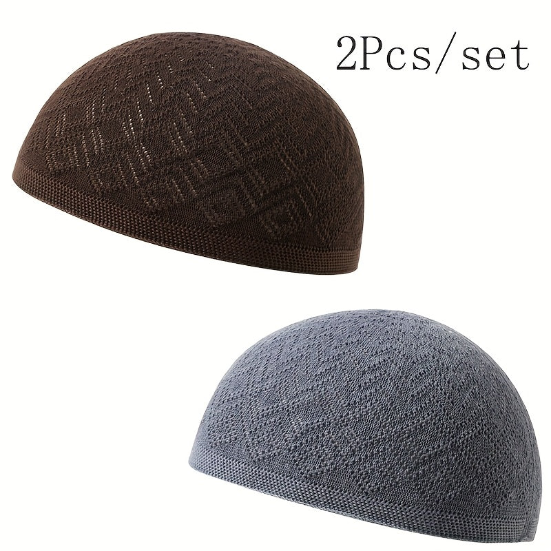 2pcs/Set Men'S Muslim Kufi Cap, Breathable Knitted Polyester Prayer Hat, Lightweight Middle Eastern Arab Traditional Headwear, Adjustable Toggle Closure, Machine Washable, Ramadan Celebration