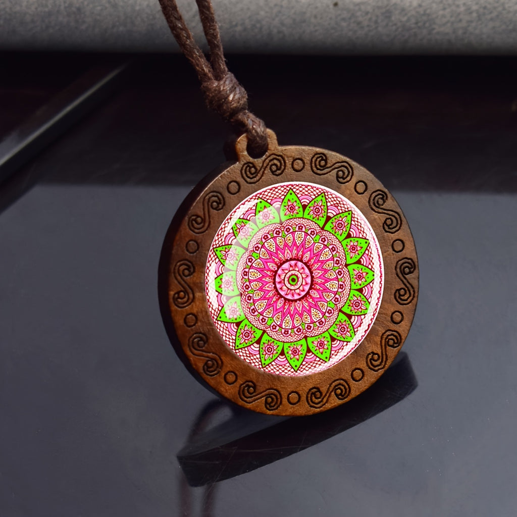1pc Mandala Sacred Geometry Glass & Wood Pendant Necklace - Adjustable Rope Chain, Natural Wood & Glass Meditation Jewelry for Men, Gift, Spiritual Enlightenment Symbolism, Buddhist Jewelry, Artistic Design, Unique Craftsmans