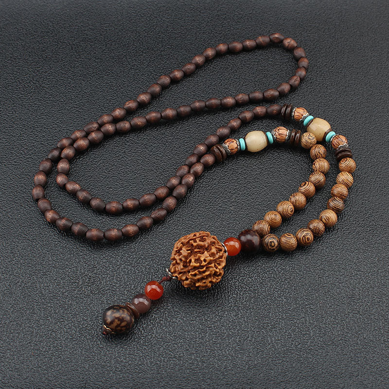 Bohemian Ethnic Wooden Buddha Bead Necklace for Men & Women - Natural Wood & Water Buffalo Turquoise Beads, Handcrafted Retro Unisex Jewelry for Daily Wear, Vacations, Unique Gift Idea