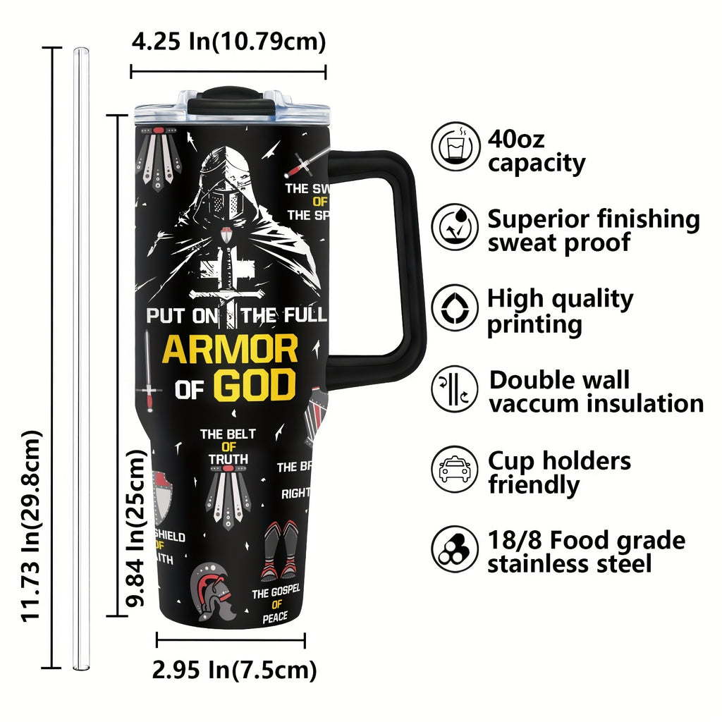 Armor of God" 40oz Stainless Steel Tumbler with Lid & Straw - Perfect Christian Gift for Men & Women, Ideal for Father's Day, Christmas, Birthdays & More