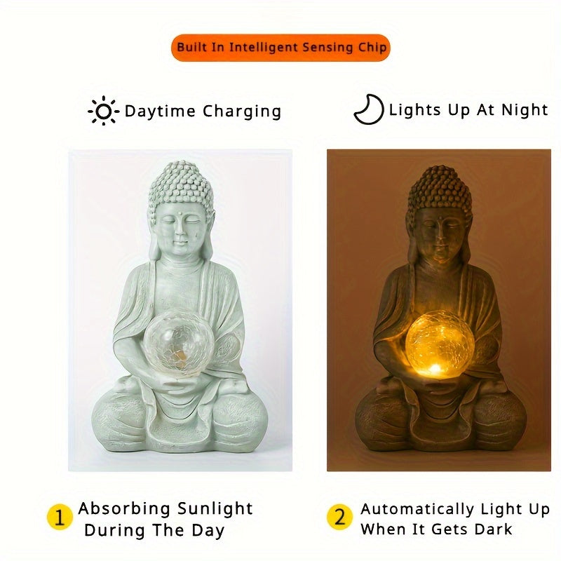 1pc Solar-Powered Buddha Statue with LED Light, Resin Garden Sculpture, Outdoor Balcony Yard Decor, Rustic Artistic Buddhism Figurine, Automatic Illumination At Dusk, for Yard Lawn Home Decor, Housewarming Gift,  Level IP44